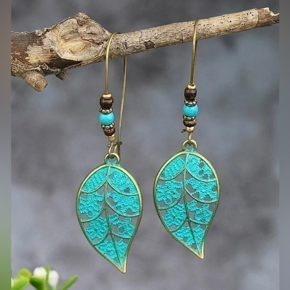 Turquoise Leaf Drop Earrings - Picture 1 of 3